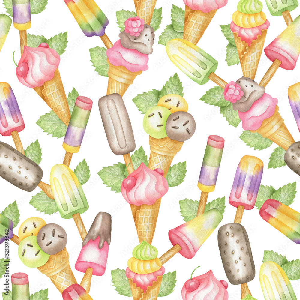 Ice cream pattern and mint leaves Ice cream pattern and mint leaves