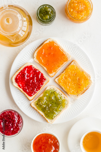 Tea party with jam. Toast  teapot  cup on white background