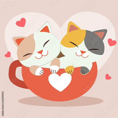 The character of cute cat sitting in the big cup with heart in the pink background. The couple love of cute cat sitting in the red cup. The character of cute cat in flat vector style.
