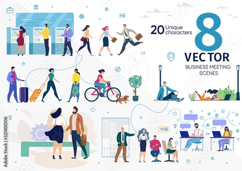 City Citizens, Company Employees, Freelancers or Students Life Scenes, Work Situations, Distance Work, Social Networks Addiction, Office Work, City Travel Concepts Trendy Flat Vector Illustrations Set