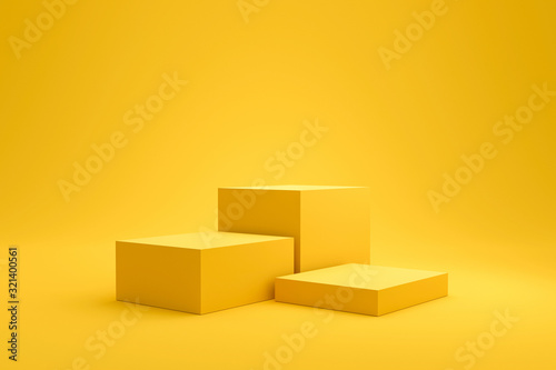 Yellow podium shelf or empty pedestal display on vivid fashion summer background with minimal style. Blank stand for showing product. 3D rendering.