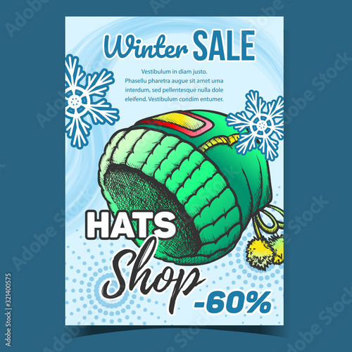 Hats Shop Winter Sale Advertise Poster Vector. Hats Stylish Warmer Wear And Snowflakes On Advertising Banner. Fashionable Headgear Concept Mockup Hand Drawn In Vintage Style Illustration