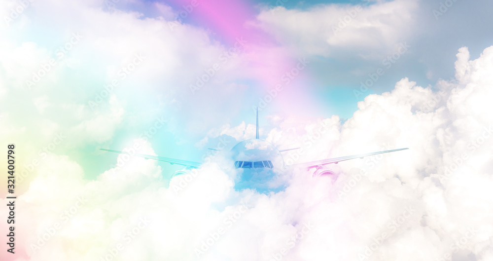 A plane traveling on beautiful white fluffy clouds under vivid and bright blue pastel sky in a suny day