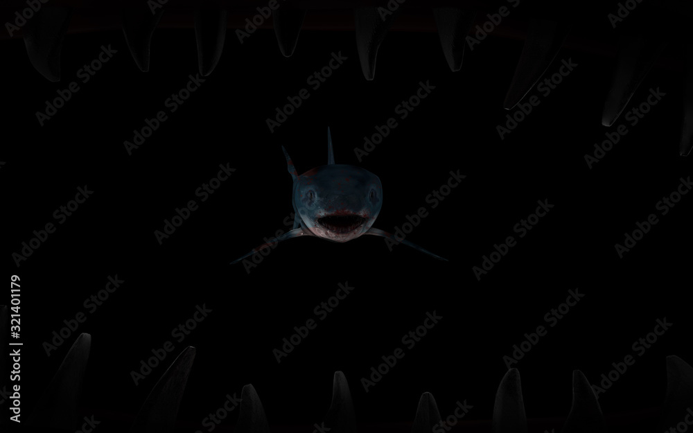 Inside mouth of shark look through teeth and see full body shark in