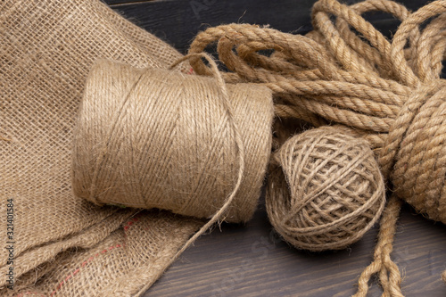 Jute twine, sackcloth fabric in close-up