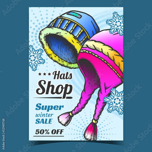 Hats Shop Winter Sale Advertising Banner Vector. Earflap Hats Seasonal Cloth And Snowflakes. Warm Wearing Accessory Protection Health Concept Template Hand Drawn In Vintage Style Color Illustration