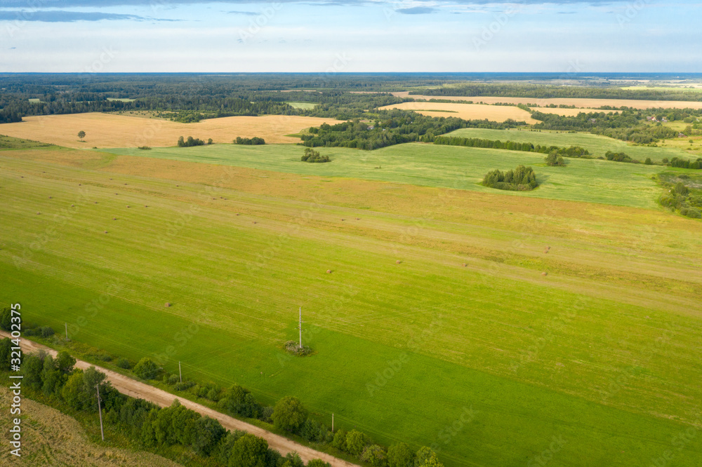 Aerial view of an agricultural field in an autumn evening