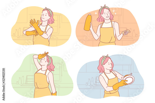 Housemaid or housekeeper set concept, Young woman housemaid does cleaning in kitchen. Girl housekeeper wiping plate thoroughly. Exhausted housewife wipes sweat out of forehead. Simple flat vector