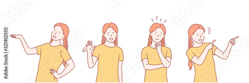 Promotion, greeting, thinking, showing set concept. Happy girl is giving promotion or proposal. Child is greeting with hand. Pensive kid is dreaming or thinking about problem. Simple flat vector