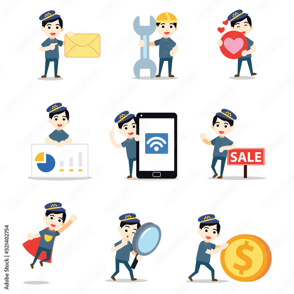 Set character of taxi driver man in serving passengers. Set character of taxi driver man in serving passengers.