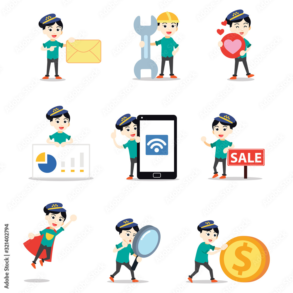 Set character of woman working as an online taxi driver. Set character of woman working as an online taxi driver.