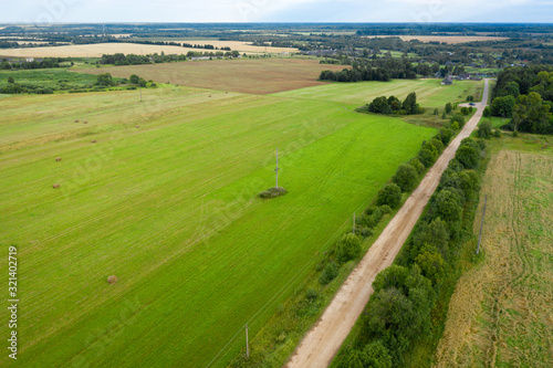 Aerial view of an agricultural field in an autumn evening