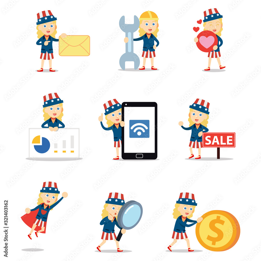 Set character of Uncle Sam woman ver in patriotic symbol in USA. Set character of Uncle Sam woman ver in patriotic symbol in USA.