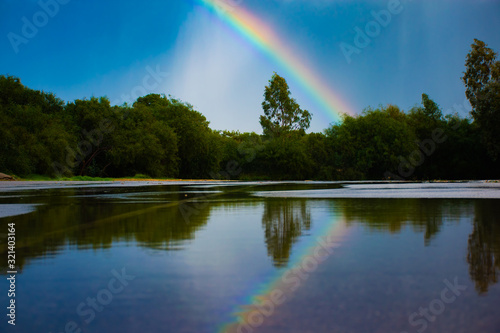 Rainbow top of the green forest with nice reflection on water