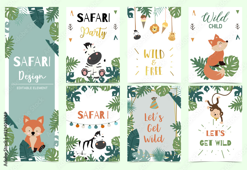 Fototapeta premium Green,gold collection of safari background set with lion,monkey,giraffe,zebra,geometric vector illustration for birthday invitation,postcard,logo and sticker.Wording include wild one,wild and free