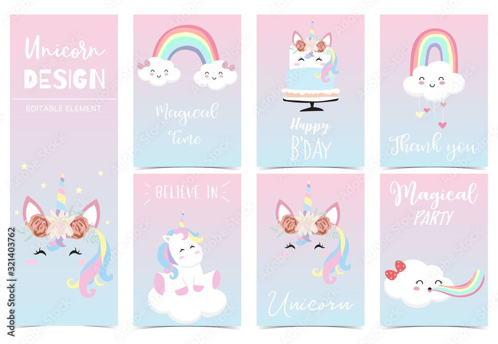 Plakat Cute kid background with unicorn,rainbow,pink,cloud for birthday invitation