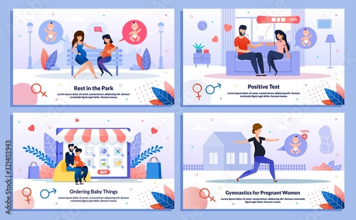 Healthy and Active Pregnancy, Childbirth Preparations Trendy Flat Vector Banner, Poster Set. Pregnant Woman Meeting Friend, Tells Husband About Pregnancy, Shopping Online, Doing Exercises Illustration