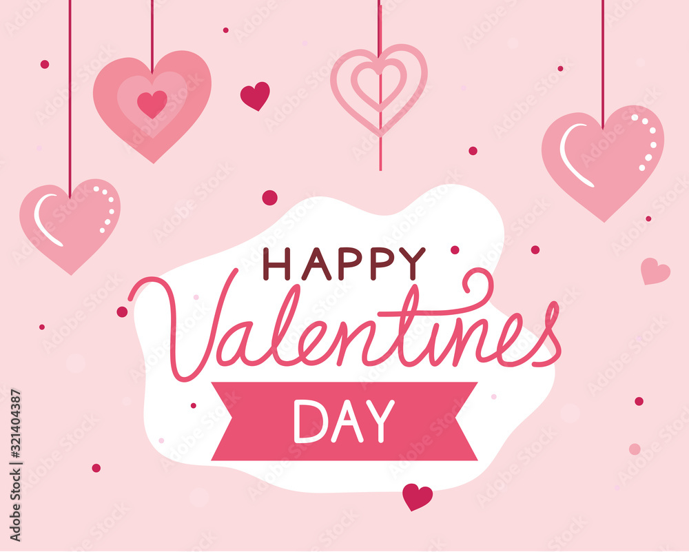 happy valentines day card with hearts hanging and decoration