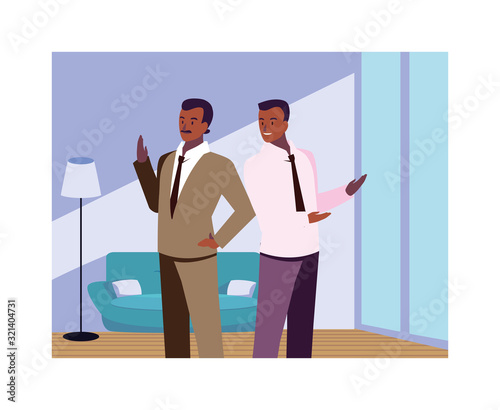 businessmen in the living room with different poses