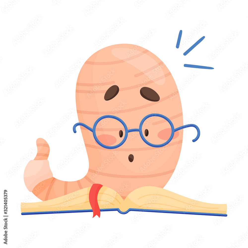 Bookworm Character Reading Book with Puzzled Look on Its Face Vector Illustration