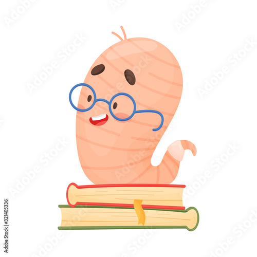 Bookworm Character Sitting on Pile of Books Vector Illustration photo