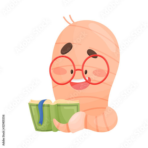 Bookworm Character Reading Favorite Book Smiling Vector Illustration photo