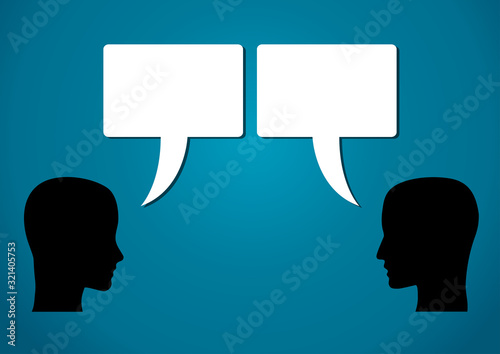 communication between people, two person with empty clouds for your