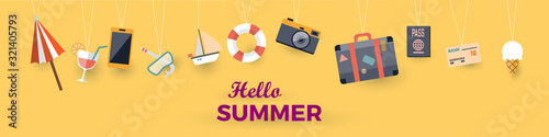 Hello summer with decoration origami hanging on the yellow background. Vector illustration with boat, luggage, sailing boat, cocktail,