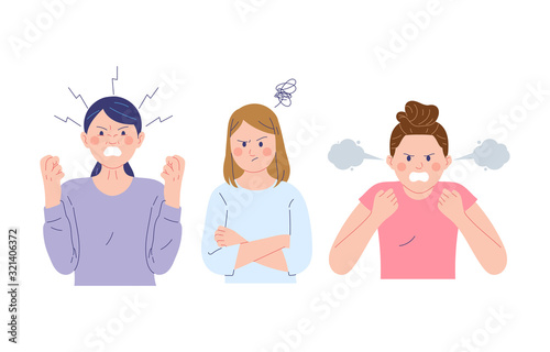 a collection of female vector illustrations that express anger, angry and upset faces