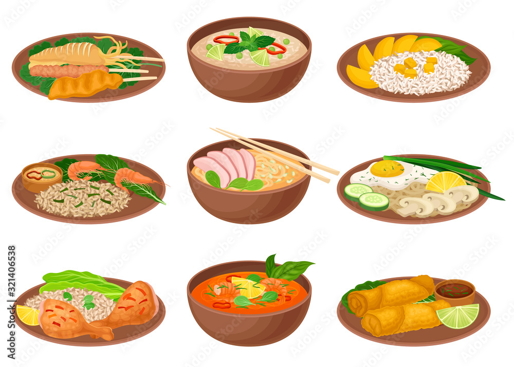 Appetizing Thai Food Served on Ceramic Plates Side View Vector Illustration