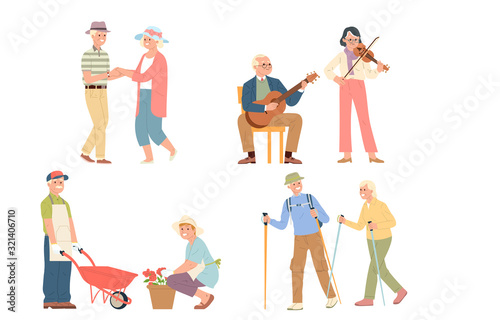 a collection of vector illustration activities of people in old age that are fun with gardening, dancing playing music and traveling