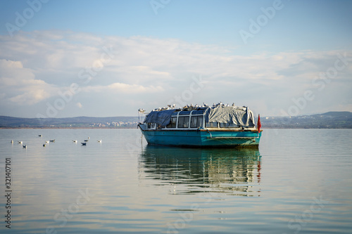 Bursa Golyazi Lake with Seagulls birds on Boat 