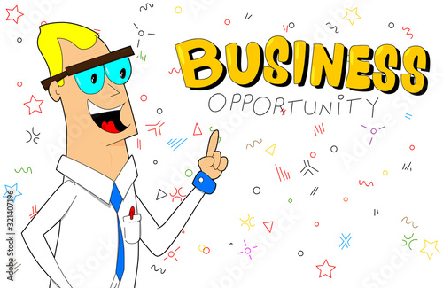 Vector retro style cartoon businessman with new business opportunity text on blue background.