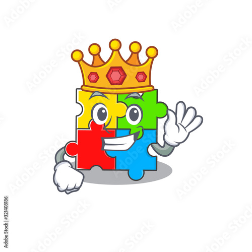 A cartoon mascot design of puzzle toy performed as a King on the stage