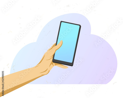 Hand holds a phone. Human holds mobile device with empty screen. Vector flat cartoon design. People sending sms. space for text