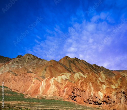 Zhangye Danxia geological layers sunset. rainbow mountains in Gansu Province. China landscape at Zhangye Danxia national geological park. 