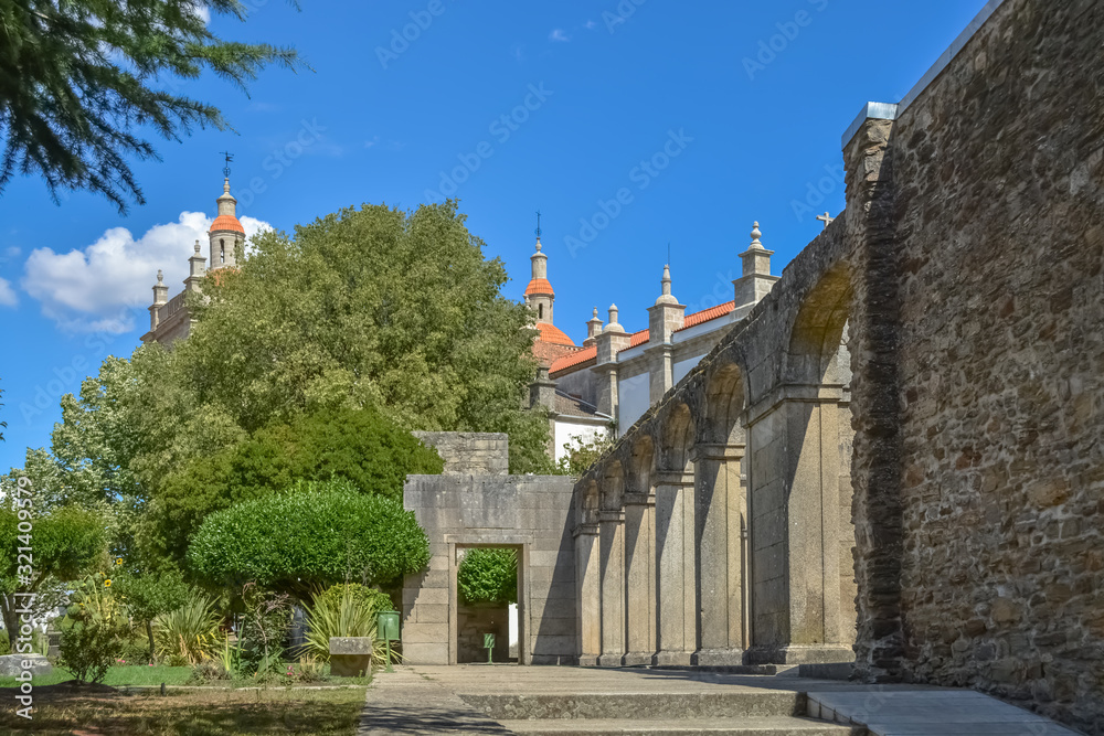 View of a old ruin gallery on gardens downtown city, inside fortress on medieval city of Miranda do Douro