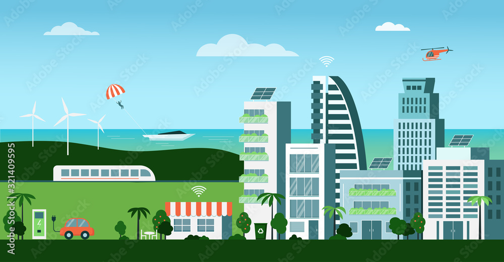 Conceptual illustration-Smart city. Image of various aspects - environmental friendliness, solar and wind energy, electric car and electric train, WiFi connection