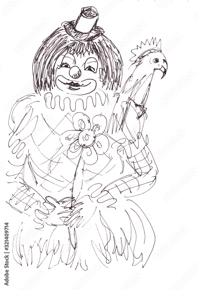Graphic black and white drawing of a circus clown with a parrot