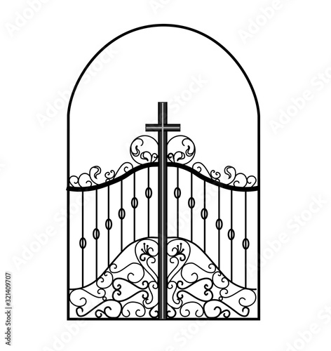 Gates forged sketch. Artistic forging. Iron door design. Vector illustration isolated on white background. Exterior. Garden gate.