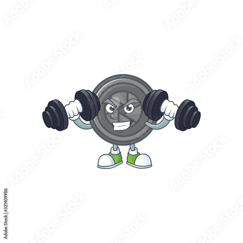 Camera lens mascot icon on fitness exercise trying barbells