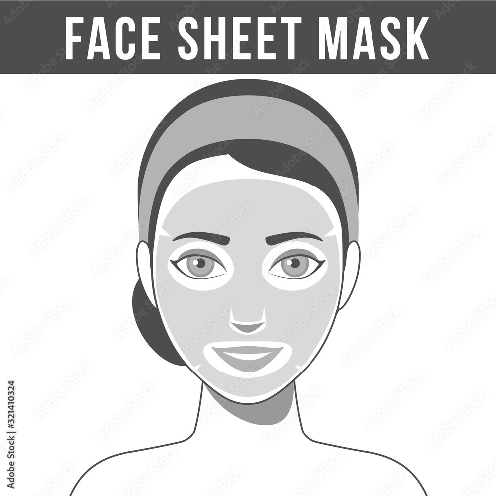 Girl with face sheet mask. Facial mask with serum, skincare product. Vector
