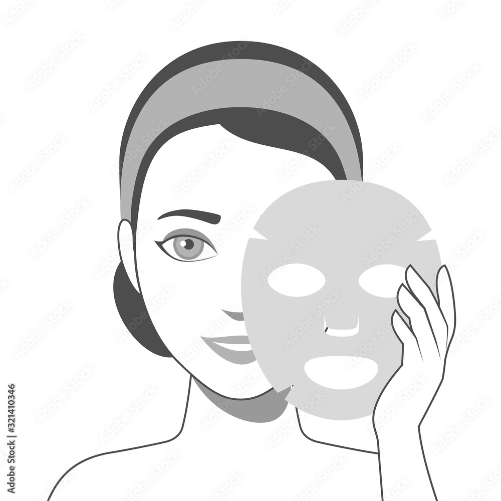 Girl puts on face sheet mask. Facial mask with serum, skincare product. Vector