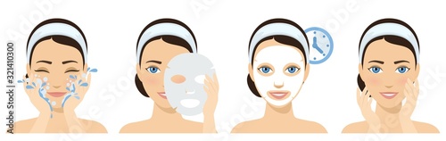 Procedure of applying face sheet mask. Facial mask with serum, skincare product. Vector