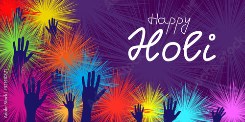 Abstract colorful vector illustration of Holi festival with bright vivid splashes and hands