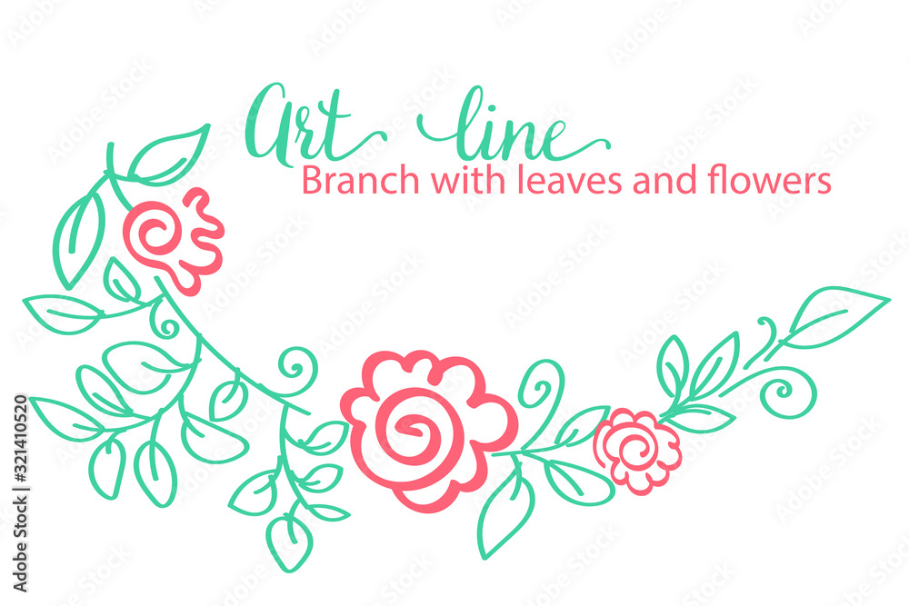 Obraz Linia sztuki. Gałąź z liśćmi i kwiatami