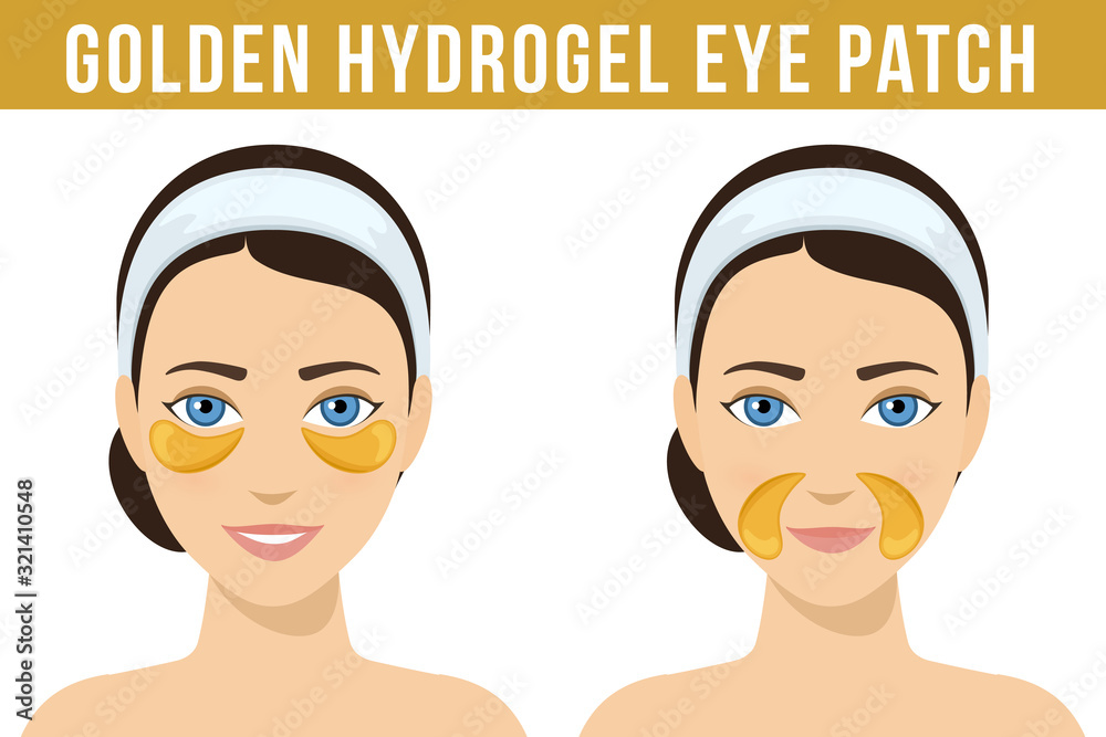 Golden hydrogel eye patches. Cosmetic collagen eye patches against facial wrinkles. Eye patches for beauty and skin care. Vector