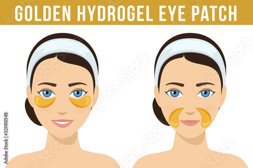 Golden hydrogel eye patches. Cosmetic collagen eye patches against facial wrinkles. Eye patches for beauty and skin care. Vector