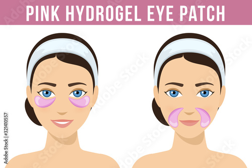 Pink hydrogel eye patches. Cosmetic collagen eye patches against facial wrinkles. Eye patches for beauty and skin care. Vector