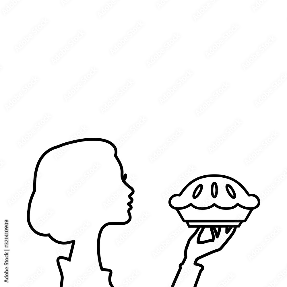 Housewife holding sweet baked pie line icon Housewife holding sweet baked pie line icon
